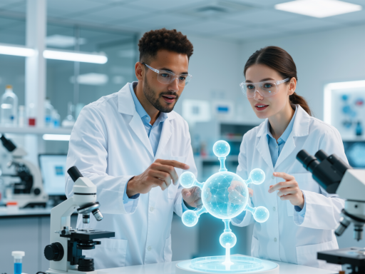 Futuristic chemical research visualization, molecular structures, advanced laboratory technology